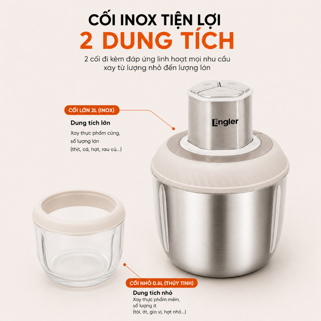 Máy Xay Engler 2 Cối EGL5116A Inox & Thủy Tinh Công Suất 500W, Xay Thực Phẩm Nhuyễn Mịn, Nhanh Gọn