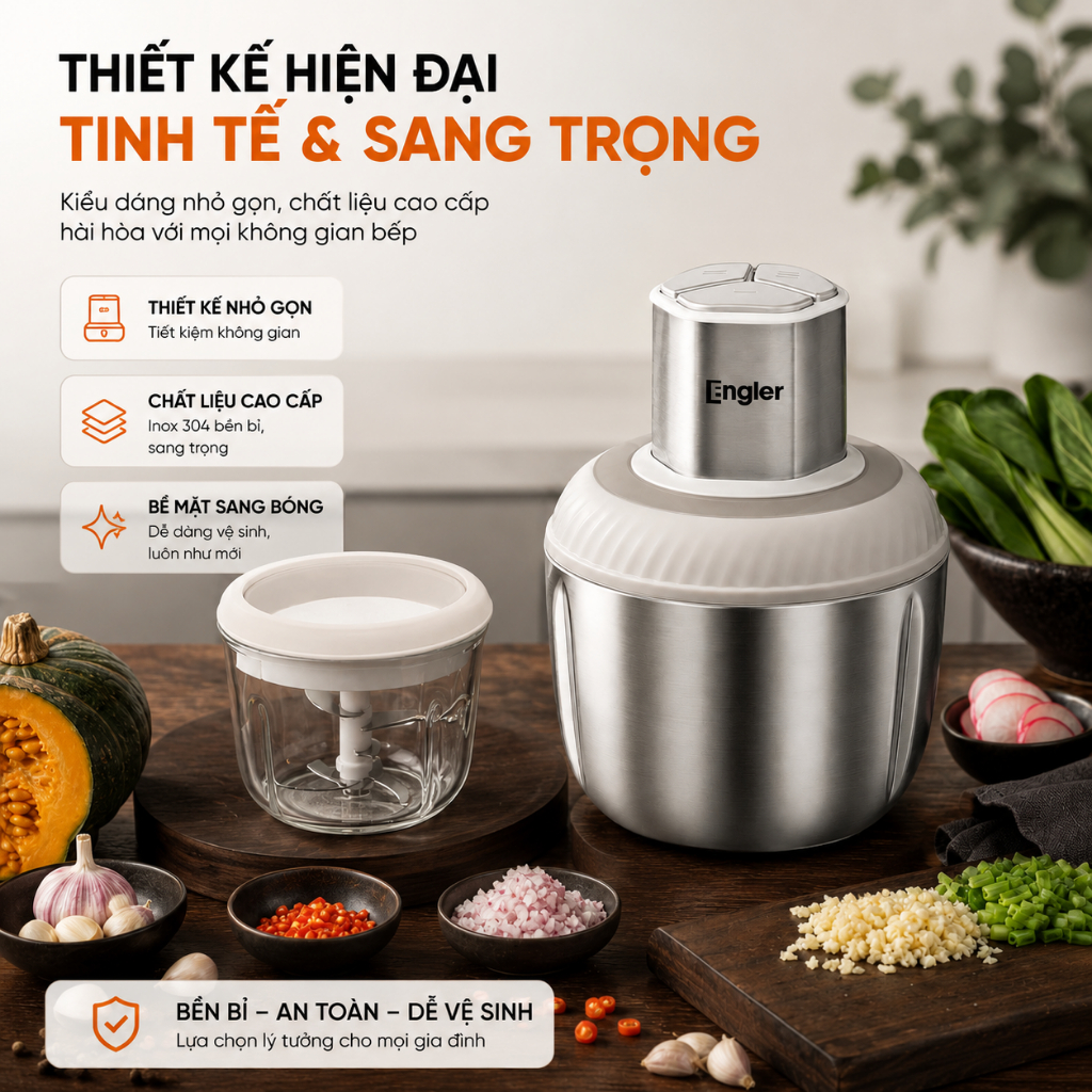 Máy Xay Engler 2 Cối EGL5116A Inox & Thủy Tinh Công Suất 500W, Xay Thực Phẩm Nhuyễn Mịn, Nhanh Gọn