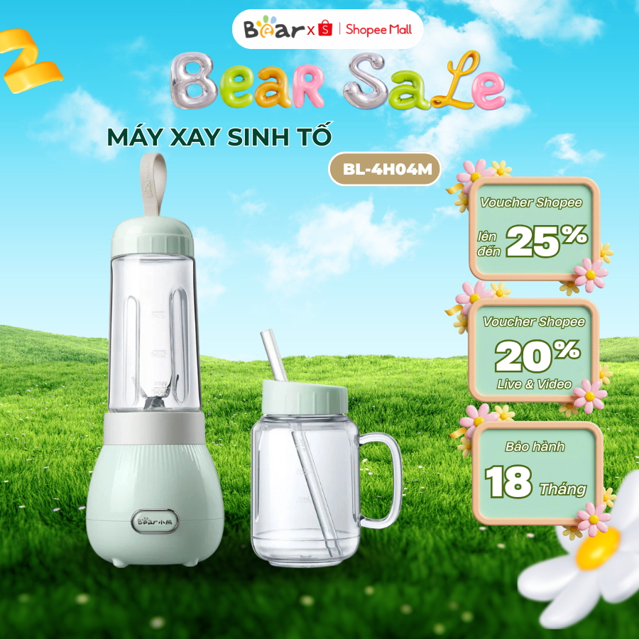 Máy xay sinh tố cầm tay mini đa năng Bear BL-4H04M, 150W, 2 cối lưỡi dao inox, Bảo Hành 18 tháng