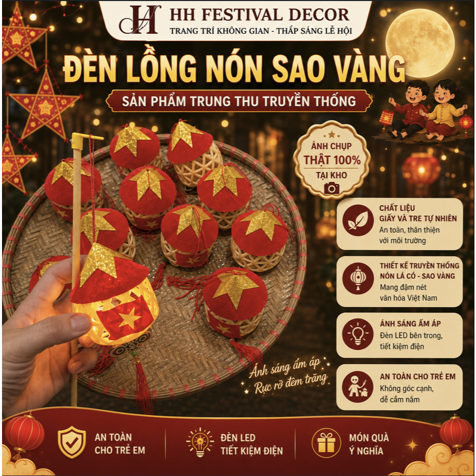 Đèn Lồng Tre Nón Sao Vàng Cầm Tay Treo Trang Trí  Trung Thu Quốc Khánh 2/9 Lễ Hội Sự Kiện Biểu Diễn