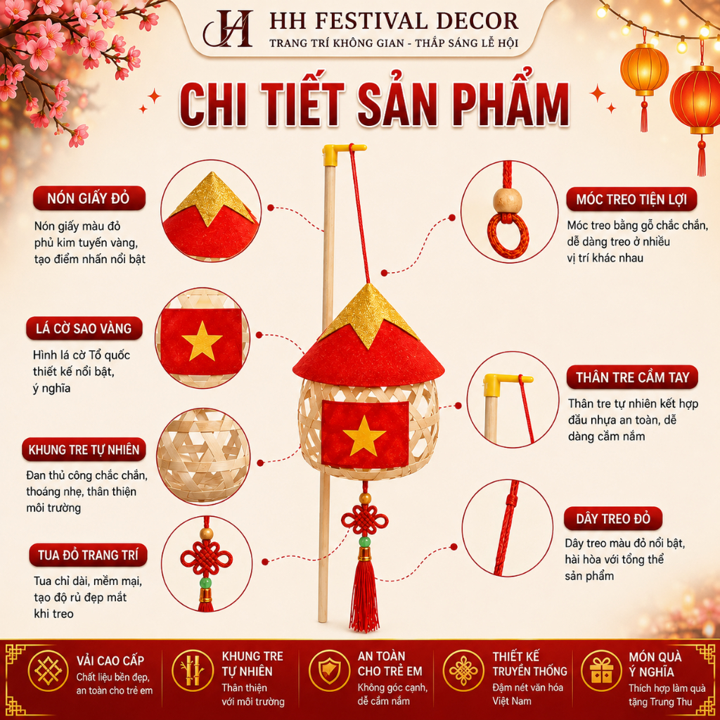 Đèn Lồng Tre Nón Sao Vàng Cầm Tay Treo Trang Trí  Trung Thu Quốc Khánh 2/9 Lễ Hội Sự Kiện Biểu Diễn
