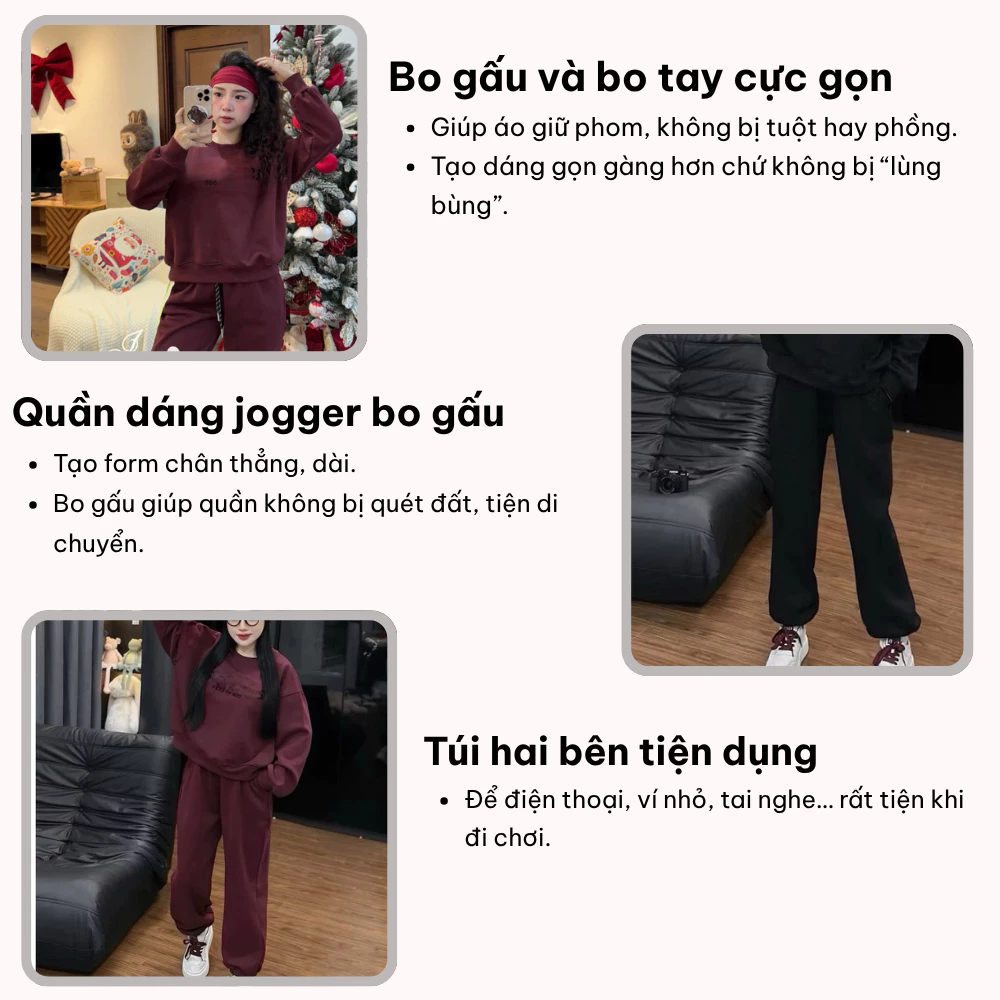 Set đồ nữ, đồ bộ nữ DONNA HCOM3555 thu đông chất nỉ bông áo form rộng cổ tròn mix quần suông bo gấu