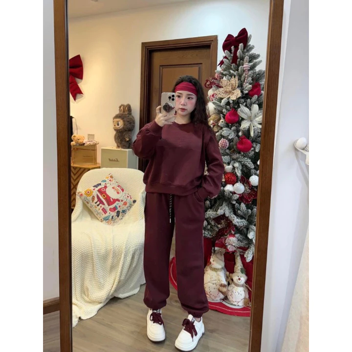Set đồ nữ, đồ bộ nữ DONNA HCOM3555 thu đông chất nỉ bông áo form rộng cổ tròn mix quần suông bo gấu