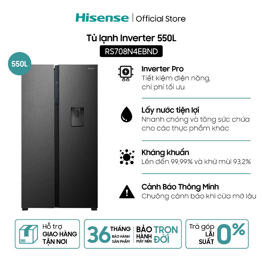 Tủ Lạnh Hisense Inverter 550L RS708N4EBND - Tiết kiệm | Lấy nước ngoai | Khử khuẩn  - BH 3 Năm - Miễn Phí Giao