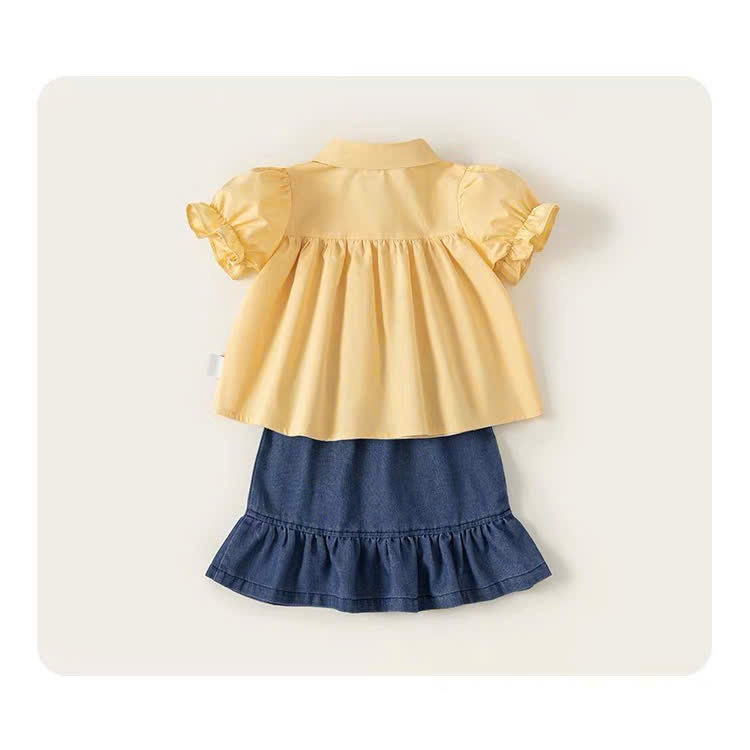 Set đồ bé gái, bộ đồ bé gái áo babydoll chất cotton kèm chân váy jean xinh yêu phù hợp đi học đi chơi Size 12-32kg