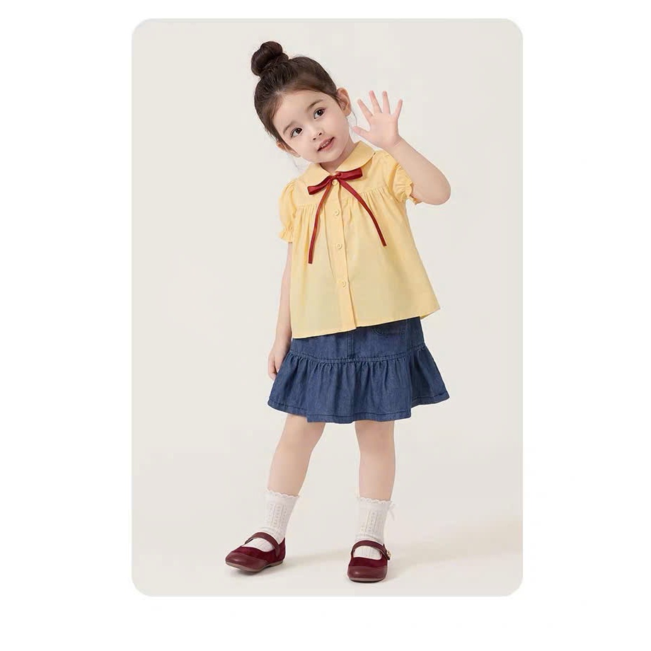 Set đồ bé gái, bộ đồ bé gái áo babydoll chất cotton kèm chân váy jean xinh yêu phù hợp đi học đi chơi Size 12-32kg