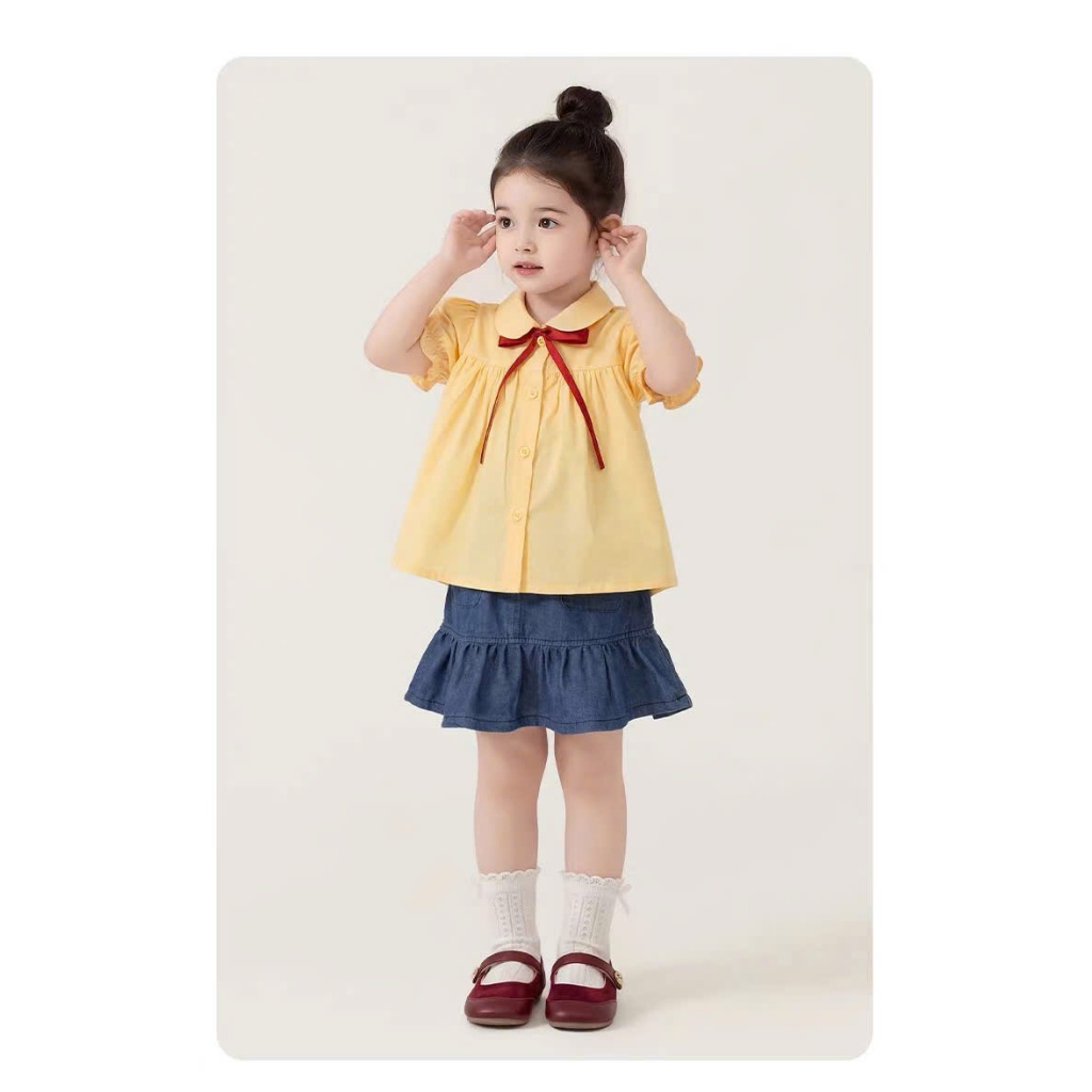 Set đồ bé gái, bộ đồ bé gái áo babydoll chất cotton kèm chân váy jean xinh yêu phù hợp đi học đi chơi Size 12-32kg
