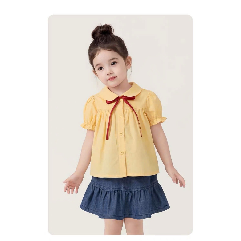 Set đồ bé gái, bộ đồ bé gái áo babydoll chất cotton kèm chân váy jean xinh yêu phù hợp đi học đi chơi Size 12-32kg