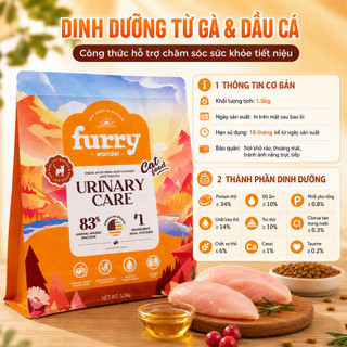 Thức Ăn Hạt Cho Mèo Furry Wonder Urinary Care 1.5kg – 83% Protein Từ Động Vật, Hỗ Trợ Tiết Niệu