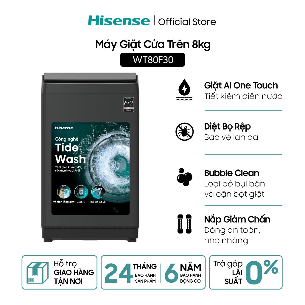 Máy Giặt Cửa Trên Hisense 8kg WT80F30 - Giặt AI | Tiết Kiệm | Nắp Giảm Chấn - BH 2 Năm - Giao Hàng Miễn Phí Tận Nơi