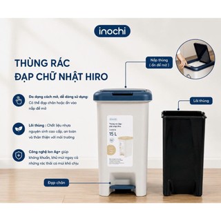 Thùng rác đạp chữ nhật Inochi nhựa nguyên sinh, kèm ruột, Size 10-15-20L có nắp ấn mở