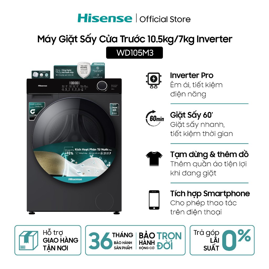 Máy Giặt Sấy Cửa Trước Hisense Inverter 10.5 kg/7kg WD105M3 - Giặt AI | Diệt Khuẩn - BH 3 Năm - Miễn Phí Giao Hàng