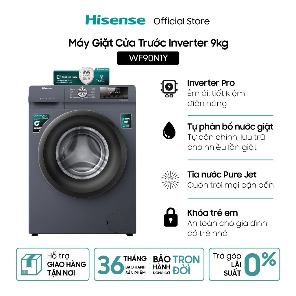 Máy giặt Cửa Trước Hisense Inverter 9kg WF90N1Y - Giặt nhanh | Giặt 15' | Diệt Khuẩn - BH 3 Năm - Freeship HCM