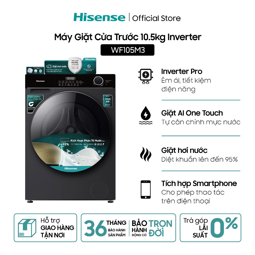 Máy Giặt Cửa Trước Hisense Inverter 10.5kg WF105M3 - Tiết Kiệm | Giặt AI | Diệt Khuẩn - BH 3 Năm - Giao Hàng Miễn Phí
