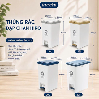 Thùng rác đạp chữ nhật Inochi nhựa nguyên sinh, kèm ruột, Size 10-15-20L có nắp ấn mở