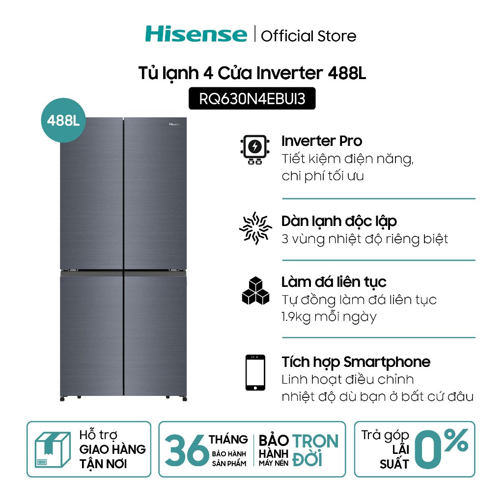 Tủ lạnh 4 Cửa Hisense 488L Inverter RQ630N4EBUI3 - Tiết kiệm | Tự làm đá | Kết nối Wifi - BH 3 Năm - Miễn Phí Giao Hàng