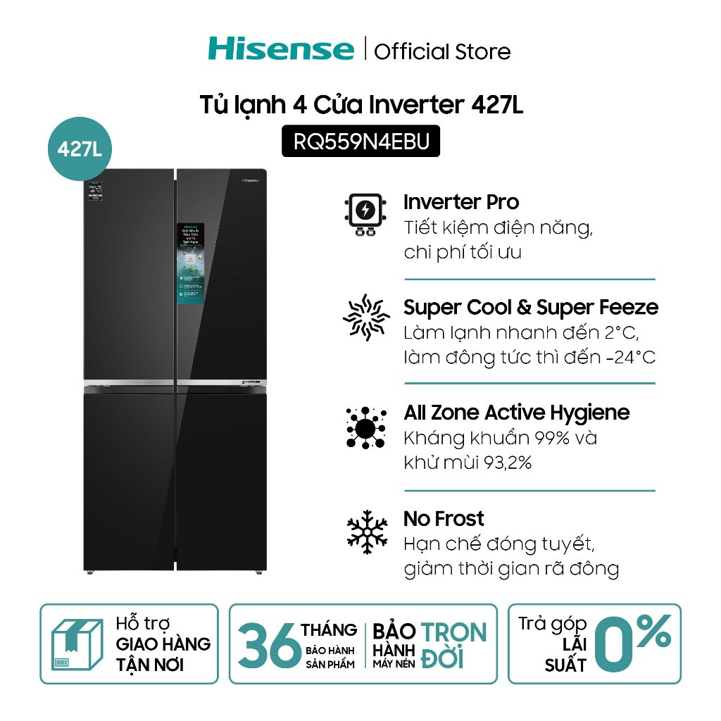 Tủ lạnh Hisense Inverter 427L RQ559N4EBU - Tiết kiệm | Điều khiển LED | Khử khuẩn  - Bảo Hành 3 Năm - Miễn Phí Giao Hàng