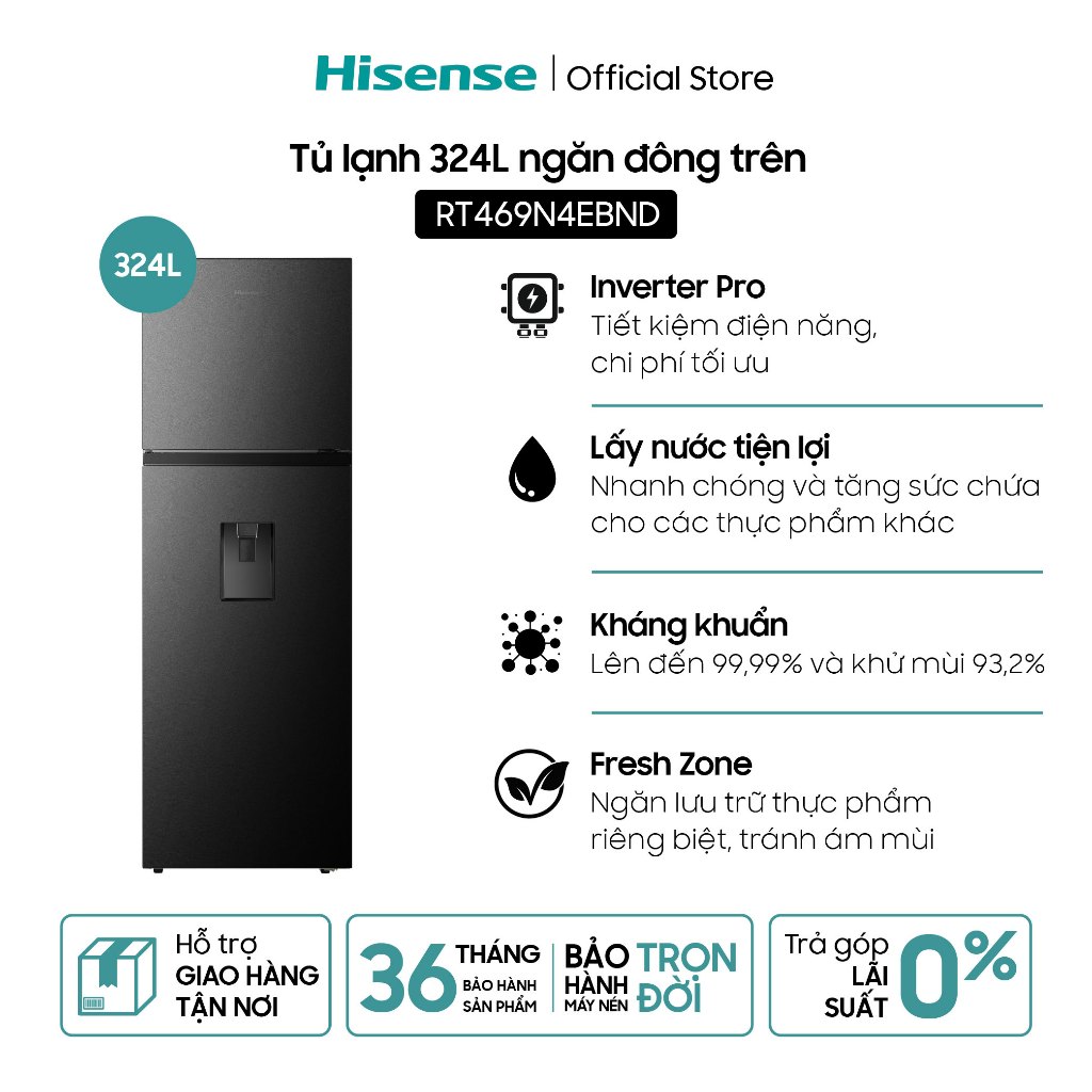 Tủ lạnh Hisense Inverter 324L RT469N4EBND - Tiết kiệm | Lấy nước ngoài | Kháng khuẩn -  Bảo hành 3 năm | Miễn ship HCM