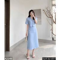 Set áo croptop cổ vest phối chân váy dáng dài vải trượt hàn co giãn A2148