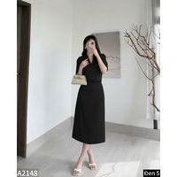 Set áo croptop cổ vest phối chân váy dáng dài vải trượt hàn co giãn A2148