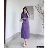 Set áo croptop cổ vest phối chân váy dáng dài vải trượt hàn co giãn A2148
