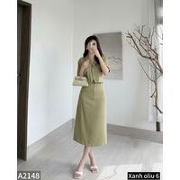 Set áo croptop cổ vest phối chân váy dáng dài vải trượt hàn co giãn A2148