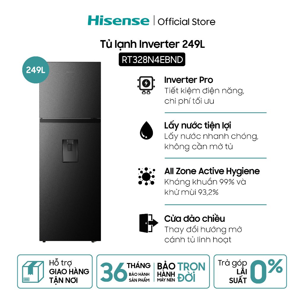 Tủ lạnh Hisense Inverter 249L RT328N4EBND - Tiết Kiệm | Lấy nước ngoài | Khử mùi - BH 3 Năm - Miễn Phí Giao Hàng Tận Nơi
