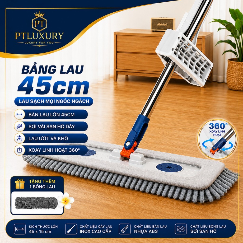 Cây Lau Nhà Tự Vắt 45CM Bông Lau San Hô Sợi Microfiber Siêu Thấm Hút - PTLUXURY