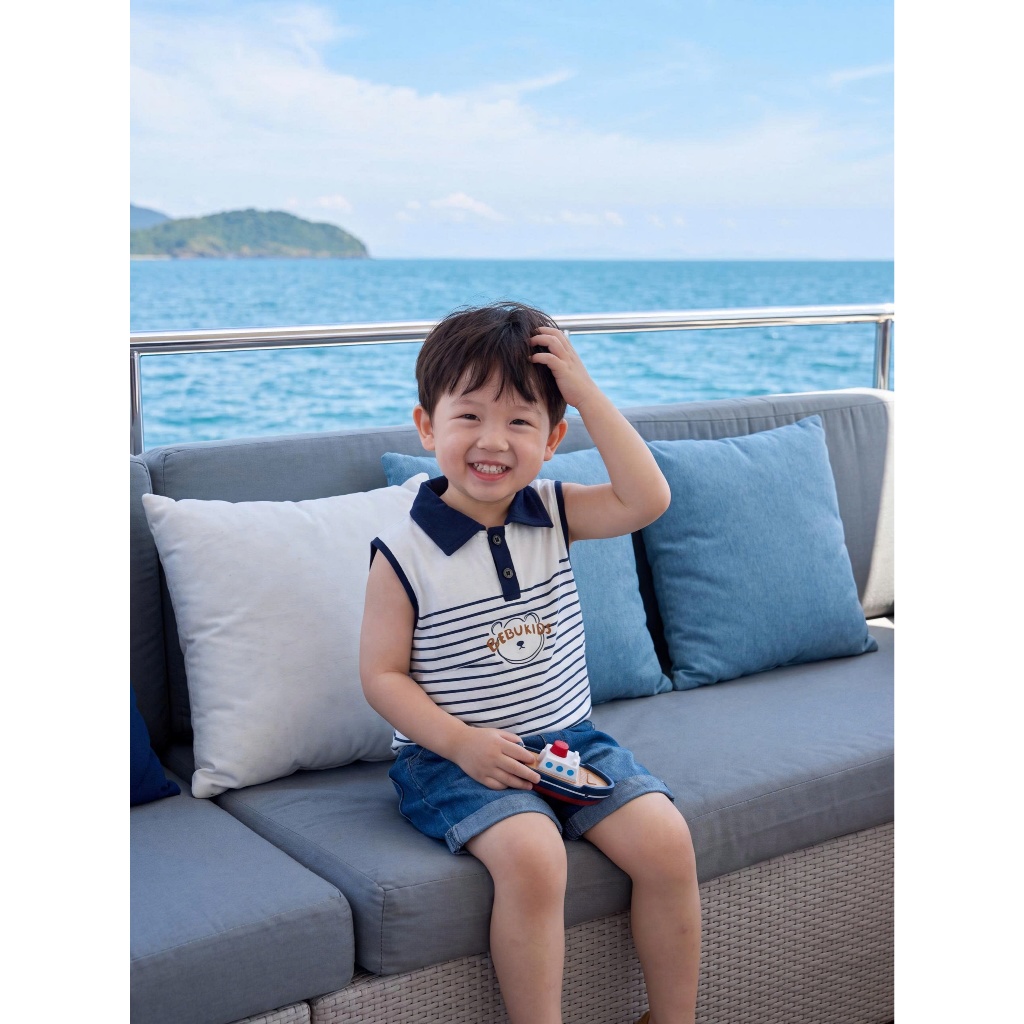 Set bộ polo sát nách bé trai 1-6 tuổi Miniumbaby kẻ sọc hoạ tiết gấu cute, chất áo cotton mềm SB2790