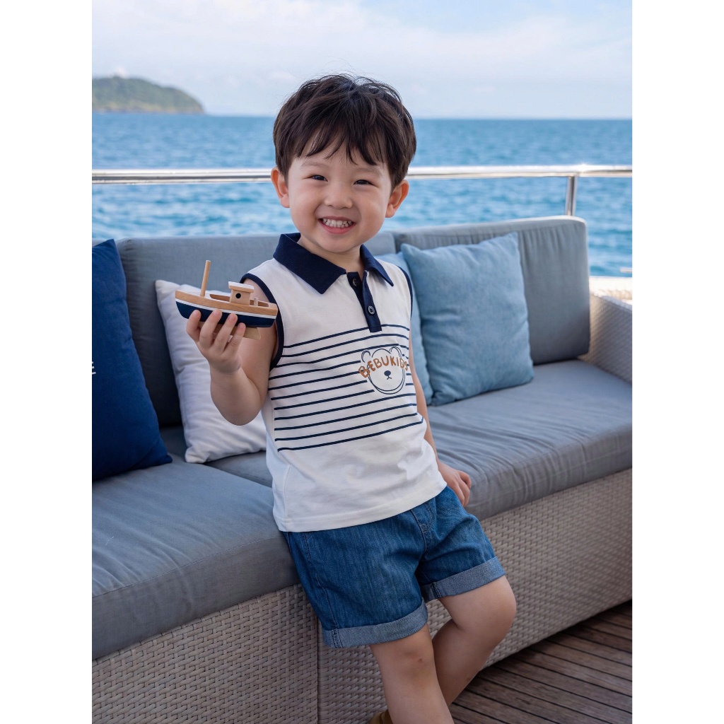 Set bộ polo sát nách bé trai 1-6 tuổi Miniumbaby kẻ sọc hoạ tiết gấu cute, chất áo cotton mềm SB2790
