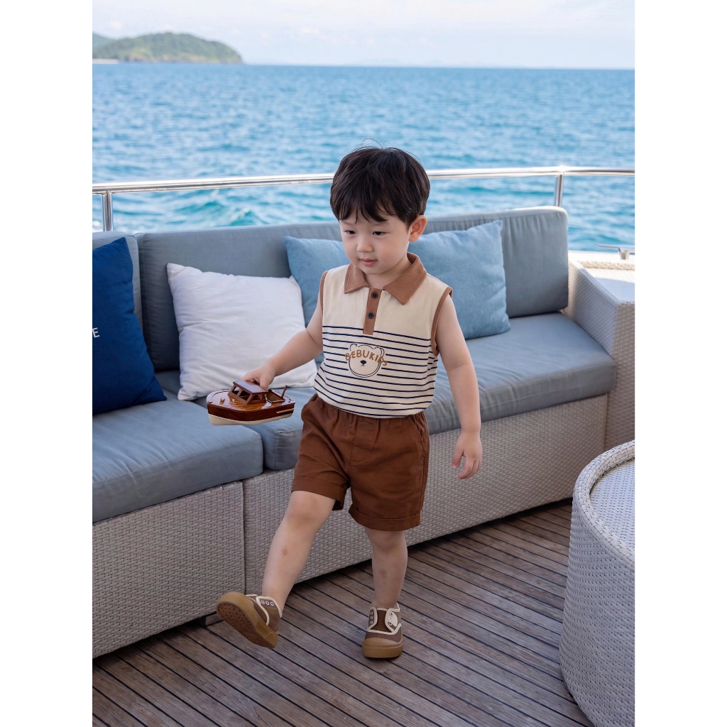 Set bộ polo sát nách bé trai 1-6 tuổi Miniumbaby kẻ sọc hoạ tiết gấu cute, chất áo cotton mềm SB2790