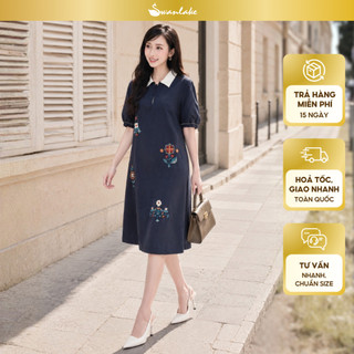 SWANLAKE | Váy Đầm Nữ Suông Vải Cotton Thêu Hoa Cổ Sơ Mi Tay Ngắn Phồng Công Sở Thanh Lịch D13077