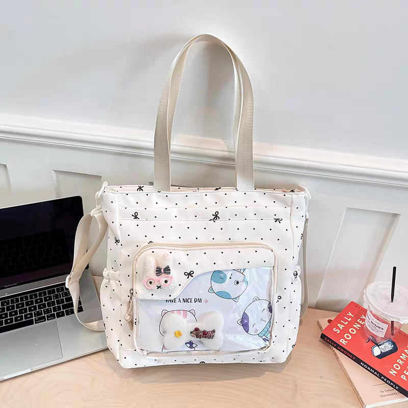 Túi Tote Vải Nữ Đeo Chéo Có Ngăn Trong Suốt (Ita Bag) Kèm Phụ Kiện Gấu Bông Dễ Thương Đi Học Đi Chơi
