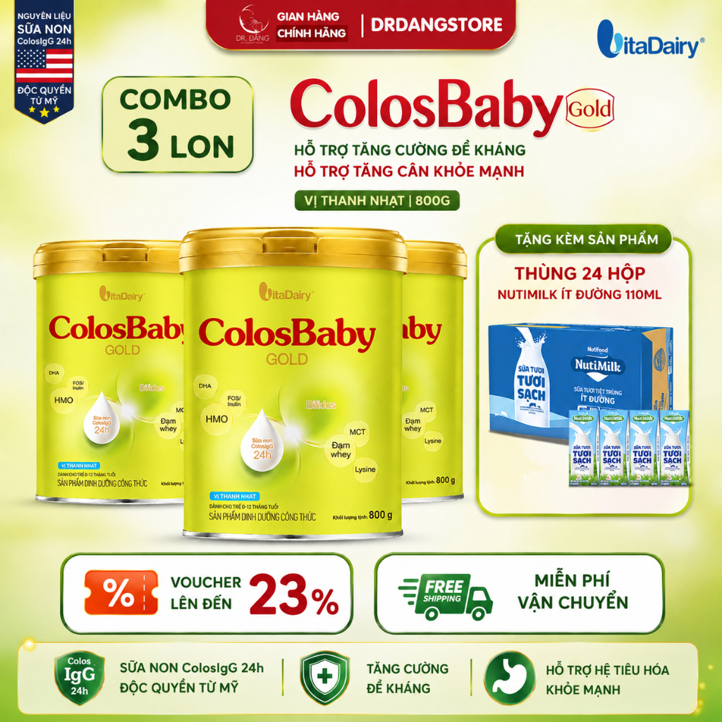 [Bao Bì Mới] Combo 3 Lon ColosBaby Gold vị thanh nhạt 800g- sữa dinh dưỡng dạng bột