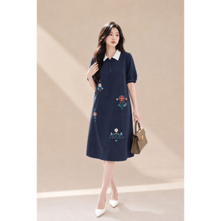 SWANLAKE | Váy Đầm Nữ Midi Suông Cổ Sơ Mi Tay Ngắn Vải Cotton Thêu Hoa Công Sở Dạo Phố D13077