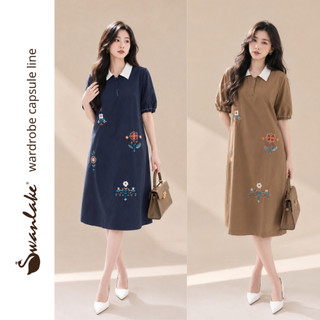 SWANLAKE | Váy Đầm Nữ Midi Suông Cổ Sơ Mi Tay Ngắn Vải Cotton Thêu Hoa Công Sở Dạo Phố D13077