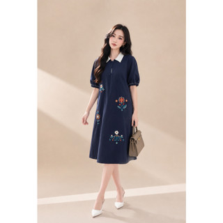 SWANLAKE | Váy Đầm Nữ Midi Suông Cổ Sơ Mi Tay Ngắn Vải Cotton Thêu Hoa Công Sở Dạo Phố D13077