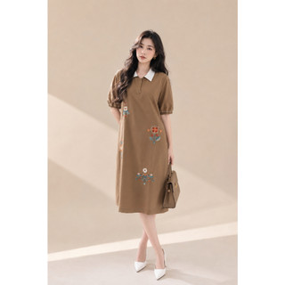 SWANLAKE | Váy Đầm Nữ Midi Suông Cổ Sơ Mi Tay Ngắn Vải Cotton Thêu Hoa Công Sở Dạo Phố D13077