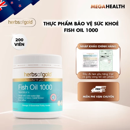 Viên Uống Dầu Cá Tự Nhiên Herbs of Gold Fish Oil 1000 – Bổ Sung Omega-3, Hỗ Trợ Tim Mạch, Não Bộ, Xương Khớp – Hộp 200 V