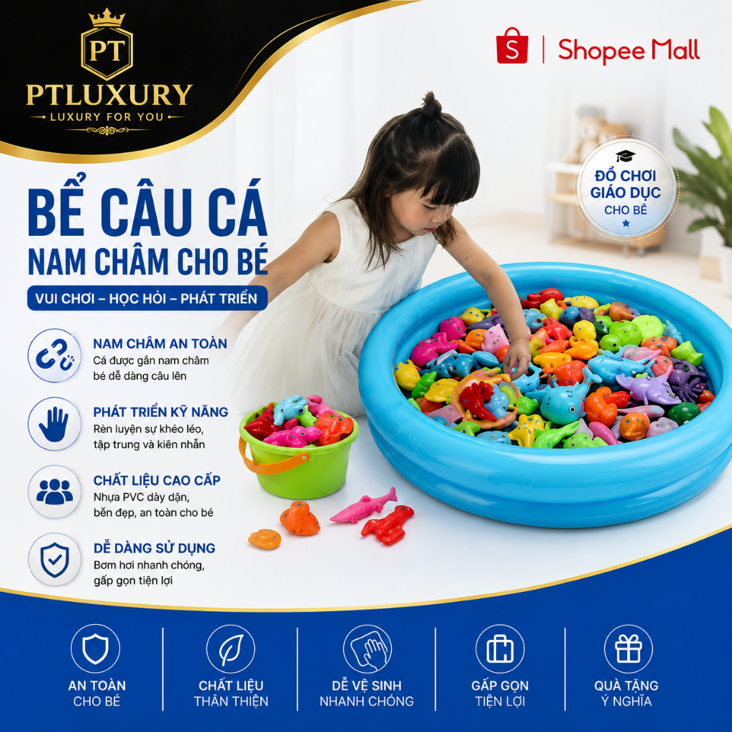 Bộ đồ chơi câu cá cho bé PTLUXURY 42 chi tiết có gắn nam châm bao gồm cần câu nhựa, bể phao 2 tầng cho bé