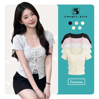 Áo kiểu ngắn tay Twentyfive phối nơ viền ren nữ tính 7319