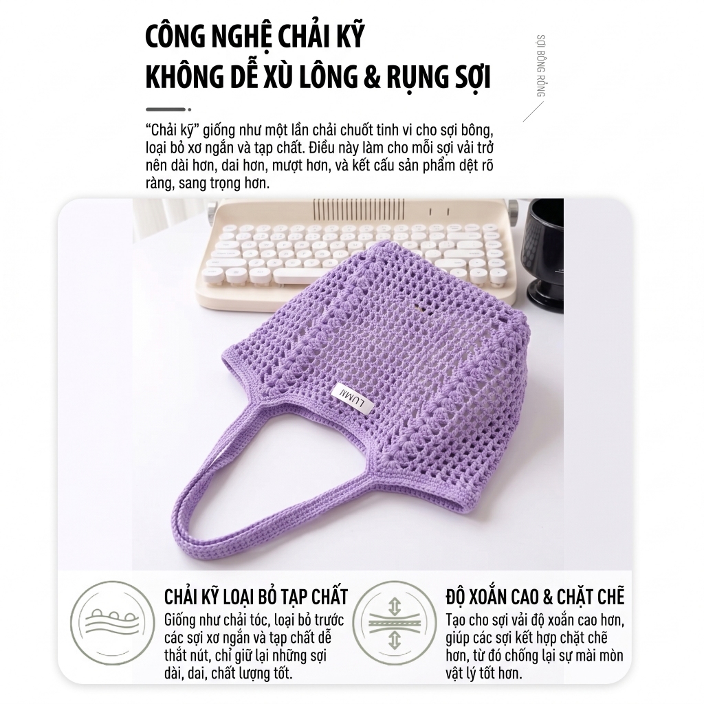 Len sợi cotton rỗng LUMII 2mm cotton gai mềm nhẹ đứng form chuyên móc túi xách tote túi Hàn Quốc