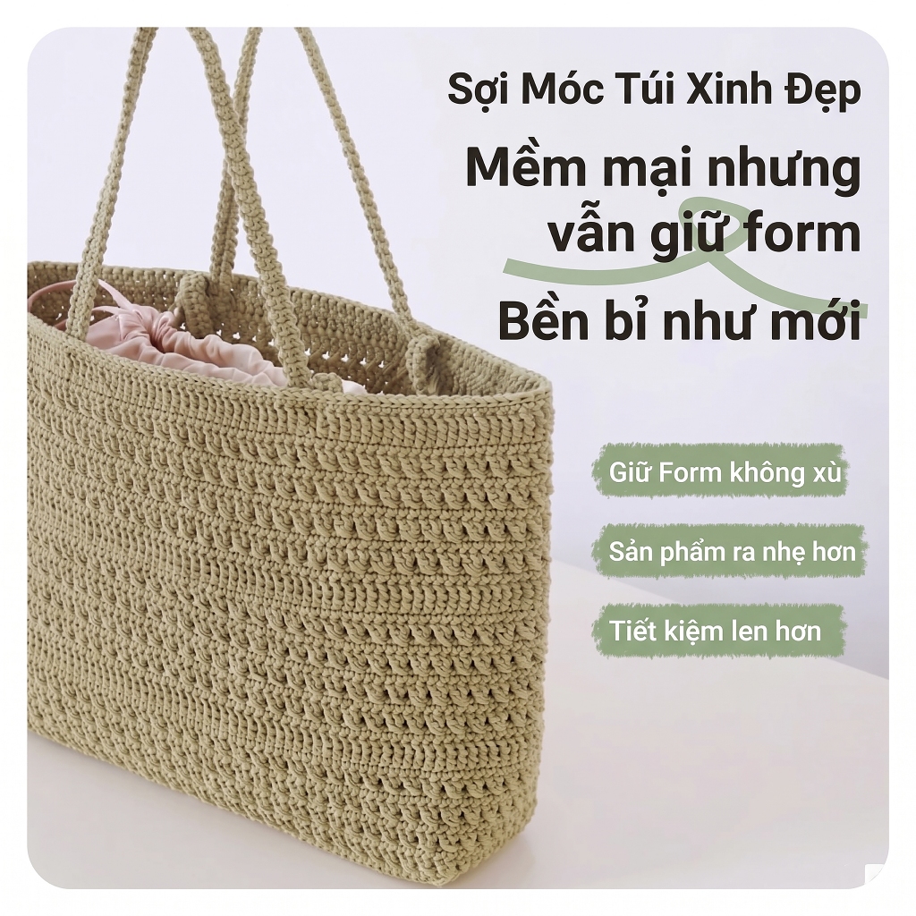 Len sợi cotton rỗng LUMII 2mm cotton gai mềm nhẹ đứng form chuyên móc túi xách tote túi Hàn Quốc
