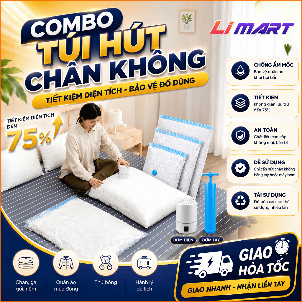 COMBO Đủ Cỡ 4,5,6,8,10 Túi Hút Chân Không đựng quần áo, chăn màn, phù hợp cho từng size vali