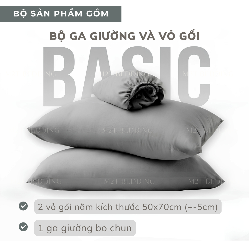 Bộ ga giường và vỏ gối Đũi Basic M2T BEDDING - bộ gồm 1 ga giường và 2 vỏ gối nằm, mềm, mịn, mát