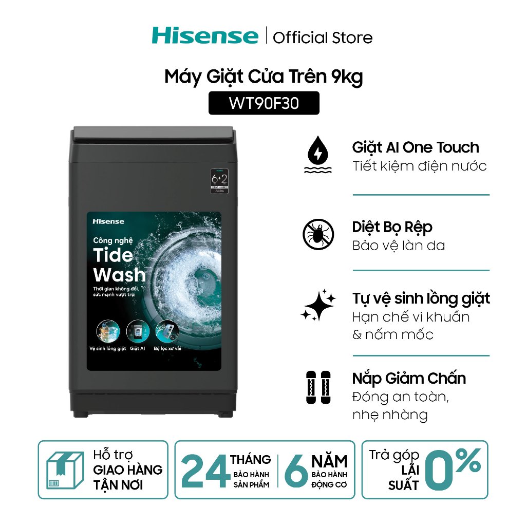 Máy Giặt Cửa Trên Hisense 9kg WT90F30 - Giặt AI | Tiết kiệm | Nắp giảm chấn - BH 2 năm - Miễn Phí Giao Hàng Tận Nơi
