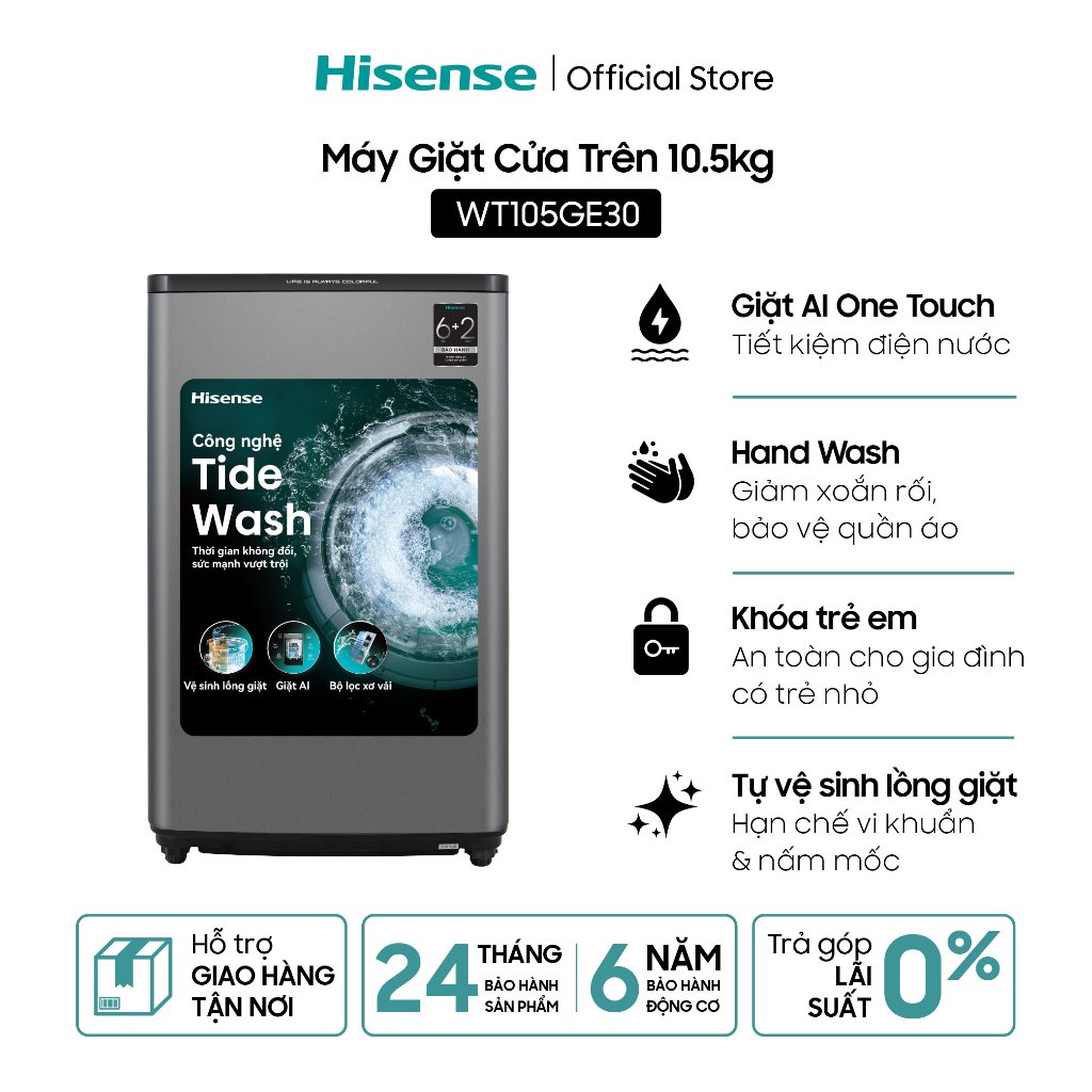Máy Giặt Cửa Trên Hisense 10.5kg WT105GE30 - Giặt AI | Tiết Kiệm |Mềm Vải - BH 2 Năm - Miễn Phí Vận Chuyển Tận Nơi