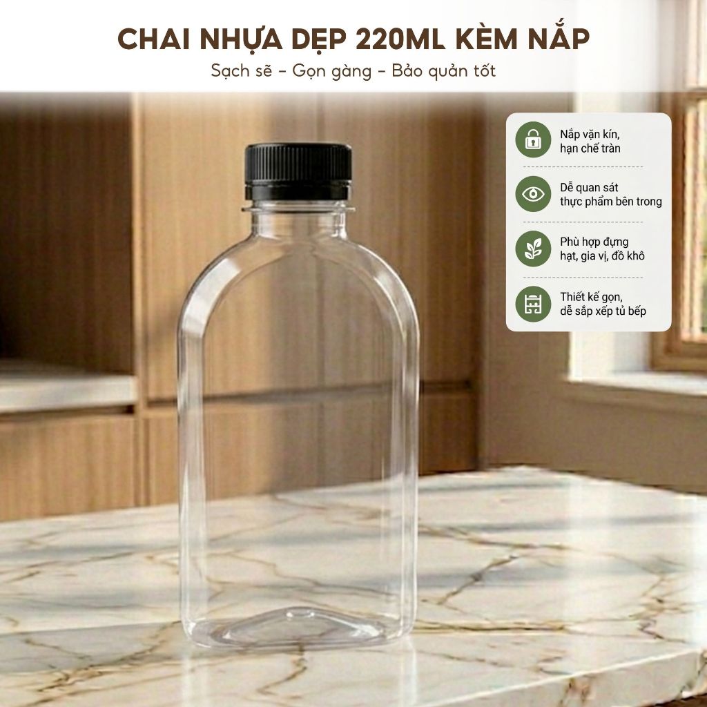 Combo 5 Chai Vuông Dung Tích 220ml – Chai Nhựa PET Đựng Nước Ép, Trà Sữa, Sữa Hạt, Đồ Uống Take Away