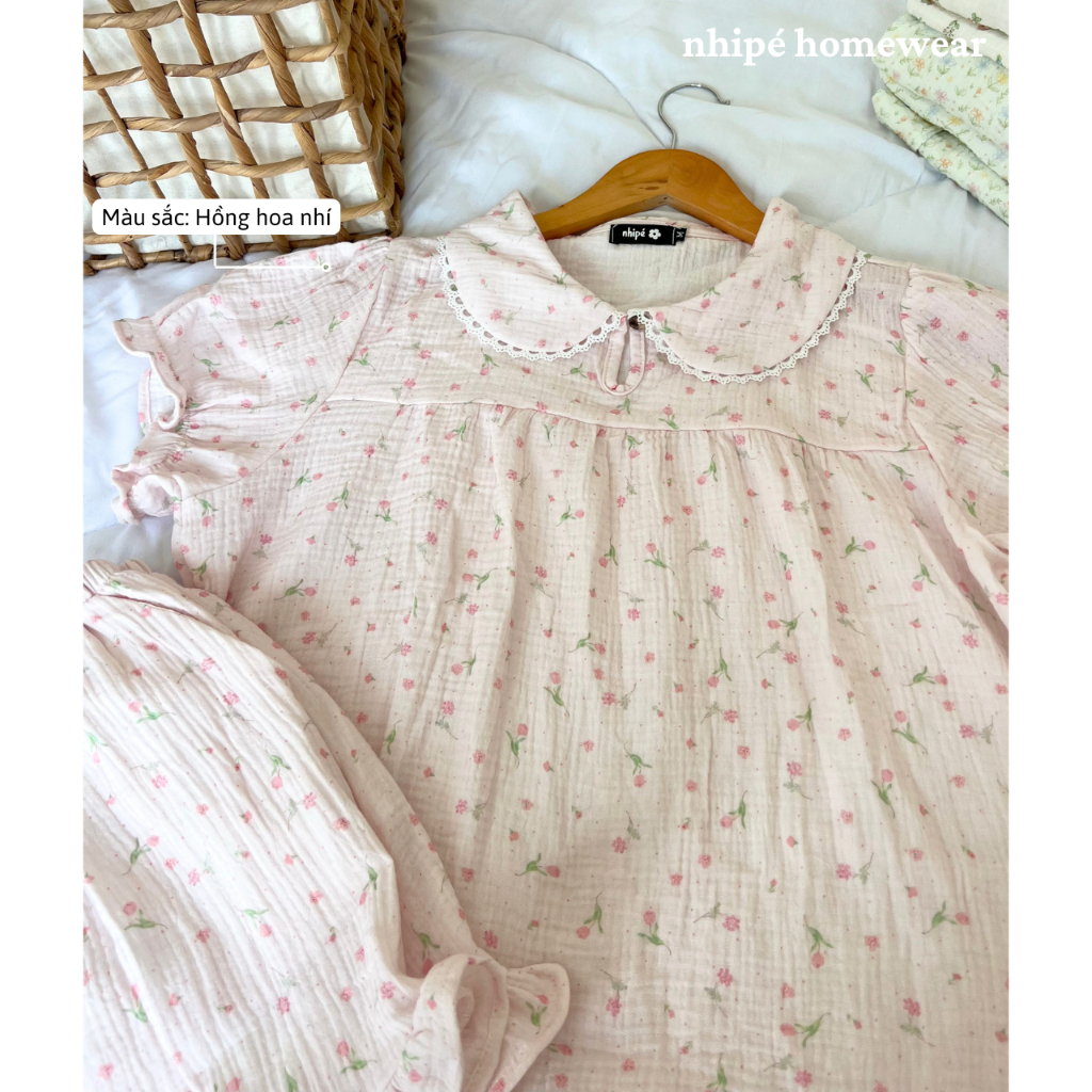 Bộ đồ xô tay bồng quần đùi cổ sen Nhipé homewear nữ set đồ ngủ mặc nhà chất liệu cao cấp mềm mịn thoáng mát
