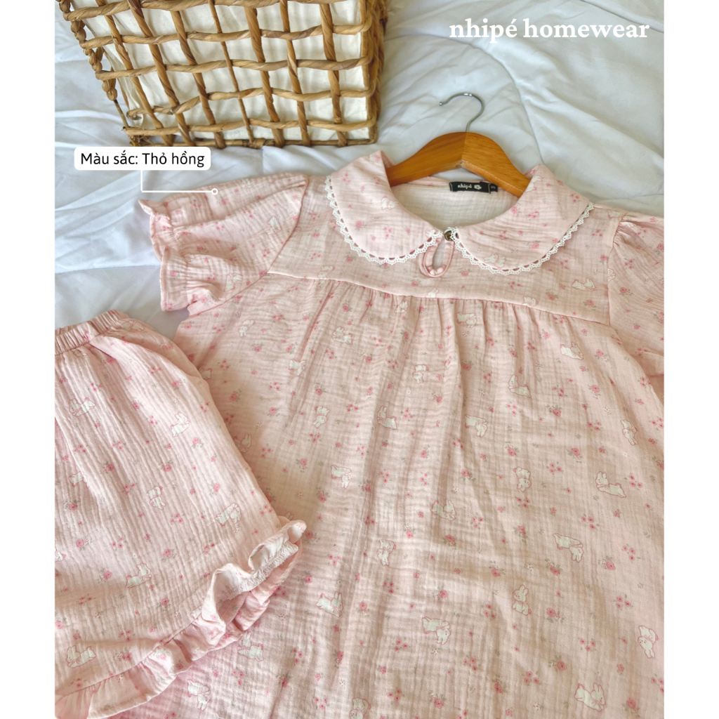 Bộ đồ xô tay bồng quần đùi cổ sen Nhipé homewear nữ set đồ ngủ mặc nhà chất liệu cao cấp mềm mịn thoáng mát